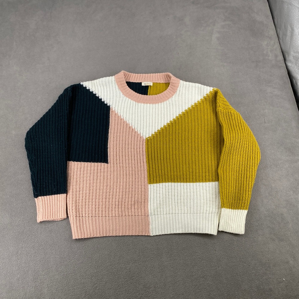 Debut Colorblock Geometric Chunky Knit Sweater M/L Mustard Pink Navy C9109